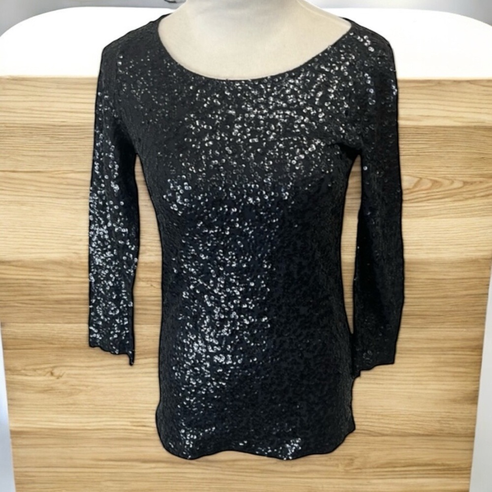 J.CREW XS BLACK SEQUIN 3/4 SLEEVE TOP — NEW WITH TAGS